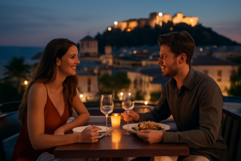 Ζευγάρι σε ρομαντικό βραδινό ραντεβού σε ελληνική πόλη, οικονομικά αλλά εντυπωσιακές ιδέες — οδηγός viral