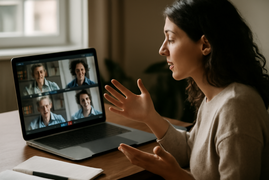 Στιγμιότυπο ζωντανής διαδικτυακής συζήτησης: συμμετέχοντες σε βιντεοδιάσκεψη, πρακτικός οδηγός διαχείρισης και συμμετοχής.