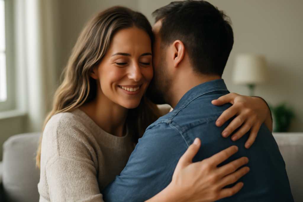 Ζευγάρι αγκαλιάζεται και χαμογελά, εικόνα για άρθρο με 10 φράσεις που ενισχύουν καθημερινά τη σχέση.