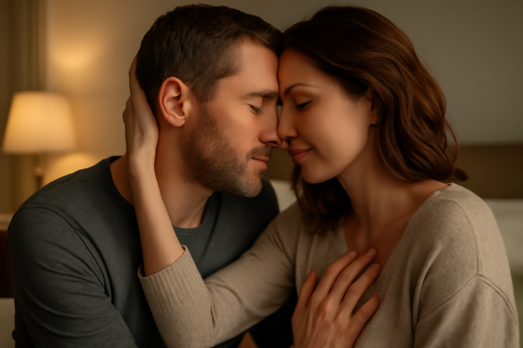 Ζευγάρι αγκαλιάζεται και χαμογελά, επαναφορά πάθους σε μακροχρόνια σχέση, με πρακτικές επικοινωνίας.