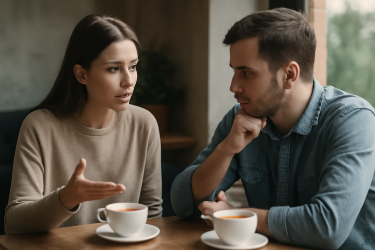 Δύο άνθρωποι σε ήρεμη συζήτηση για πρώην, πρακτικός οδηγός επικοινωνίας χωρίς αμηχανία.