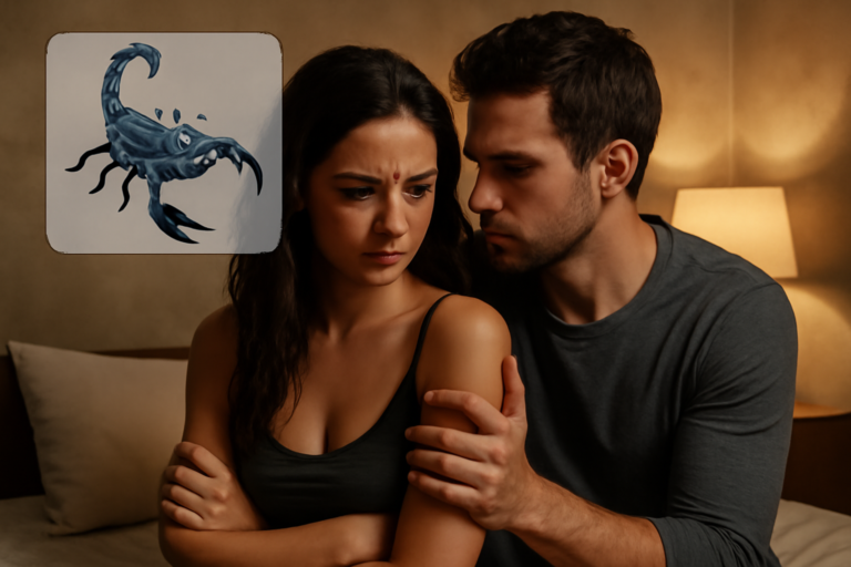 Απεικονίζεται ο Σκορπιός ή ο αστερισμός του, για την παθιασμένη αλλά δύσκολη φύση στις σχέσεις.