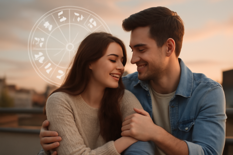 Εικόνα με ζωδιακά σύμβολα, αστέρια και καρδιές, ζευγάρι που φλερτάρει, αντιπροσωπεύοντας αγάπη και σχέσεις.