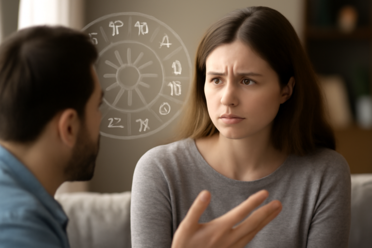 Ζευγάρι κοιτάζει αστέρια και ζωδιακά σύμβολα, ενώ το άρθρο εξηγεί πώς να διακρίνετε μύθο από πραγματικότητα στις σχέσεις.