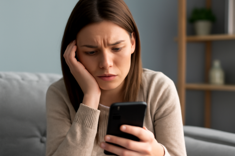 Άτομο κοιτάζει το τηλέφωνο με εικονίδια κοινωνικών δικτύων, αποφασίζοντας όρια για την ψυχική υγεία.