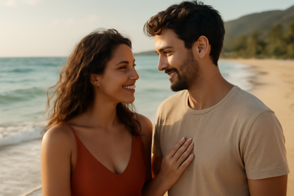 Καλοκαιρινό σκηνικό με χαρούμενους ανθρώπους, φλερτ, σύγχρονες φράσεις και πρακτικά παραδείγματα.