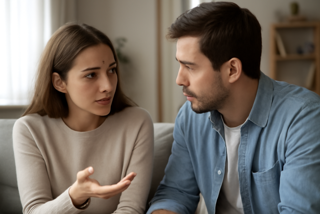 Ζευγάρι σε ήρεμη συζήτηση, εστιάζοντας στη γλώσσα σώματος, για να καταλάβουμε τα μηνύματα πίσω από τα λόγια.