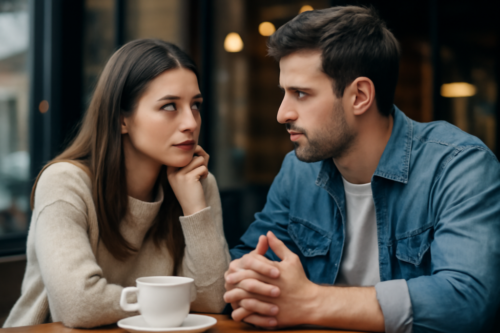 Άτομο σε διάλογο με ήρεμη γλώσσα σώματος, εξηγεί πώς να δείχνεις ενδιαφέρον χωρίς να φαίνεσαι απελπισμένος/η.