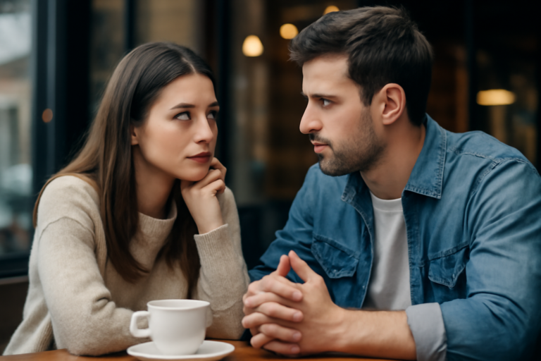 Άτομο σε διάλογο με ήρεμη γλώσσα σώματος, εξηγεί πώς να δείχνεις ενδιαφέρον χωρίς να φαίνεσαι απελπισμένος/η.