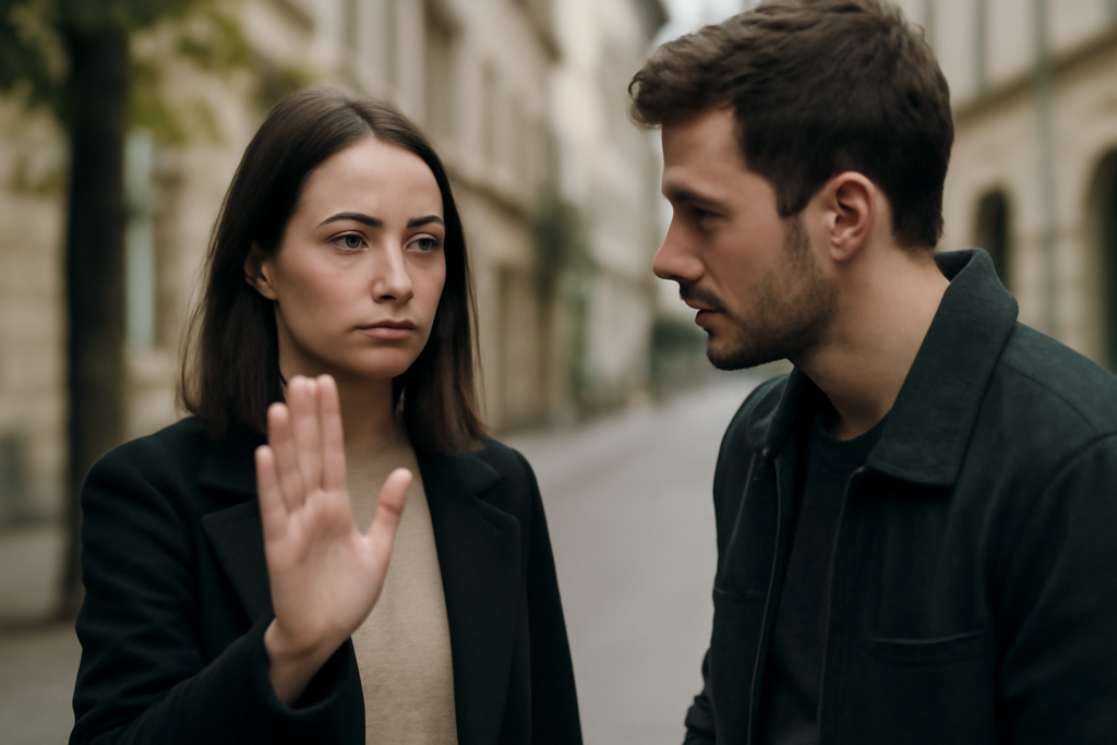 Άτομο μιλά ήρεμα, θέτει όρια και σεβασμό, εξηγώντας ευγενικά γιατί λέει όχι σε ρομαντικό ενδιαφέρον.