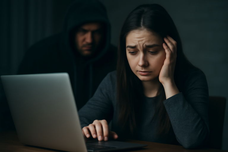 Άτομο με φορητό, εικονίδια ασφάλειας και σημειώσεις τεκμηρίωσης για online παρενόχληση.