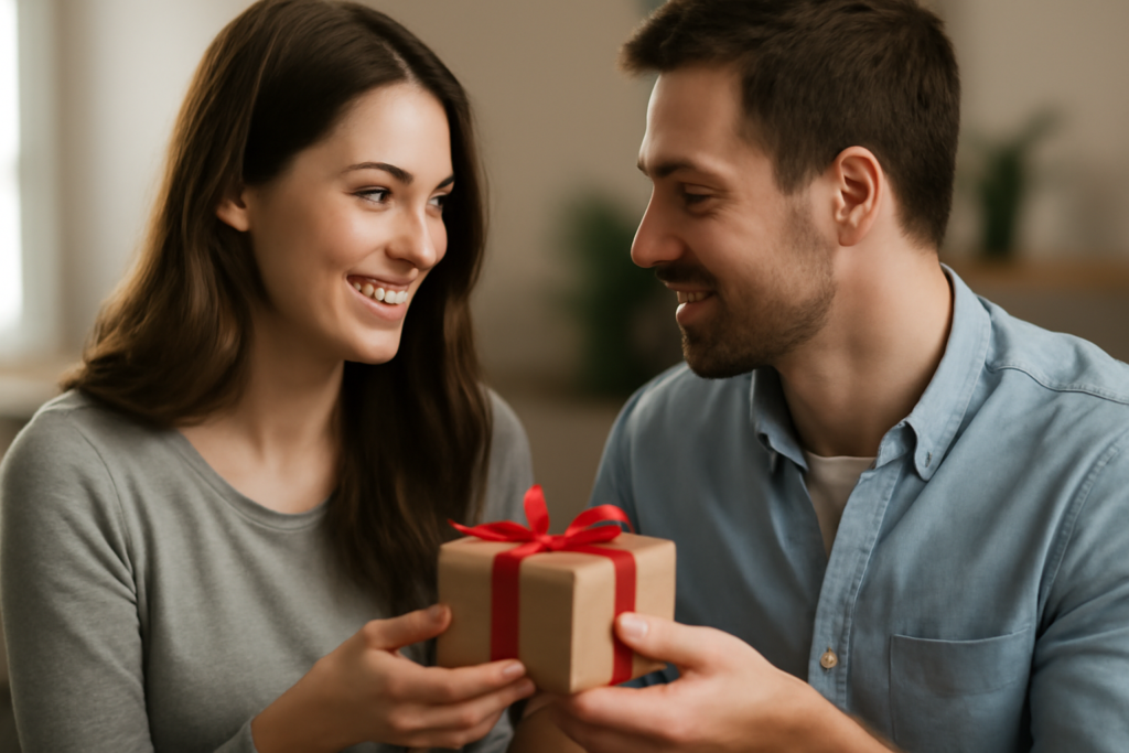 Ζευγάρι επιλέγει διακριτικά δώρα στην αρχή μιας σχέσης, συμβολίζοντας ενδιαφέρον χωρίς υπερβολές.
