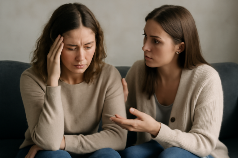 Τέσσερις φίλοι σε ειλικρινή συζήτηση χωρίς υπερβολές, απεικονίζοντας το θέμα του άρθρου.