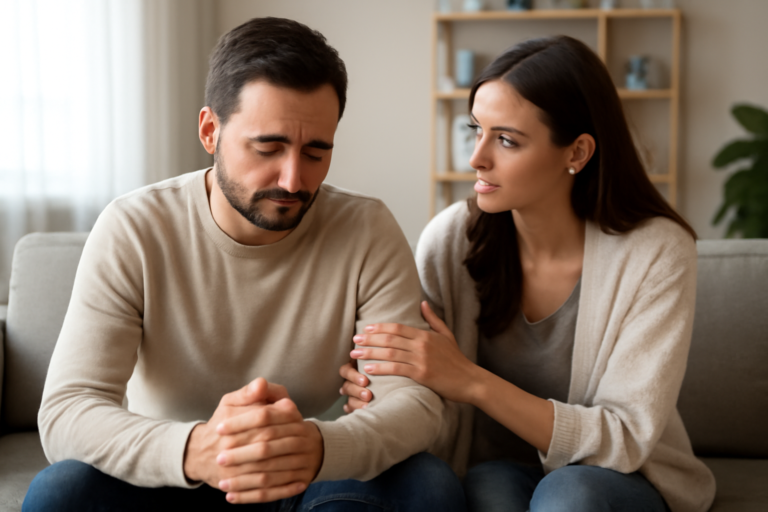 Ζευγάρι σε ήρεμη συζήτηση, με έμφαση στην κατανόηση και στη συναισθηματική ωριμότητα για υγιή επικοινωνία.