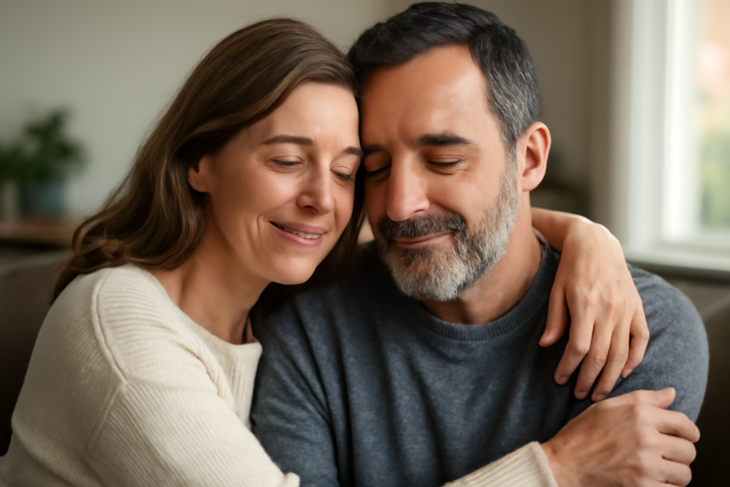 Ζευγάρι σε ζεστή κουβέντα και αγκαλιά, απεικονίζει πρακτικές υγιών σχέσεων που διαρκούν στον χρόνο.