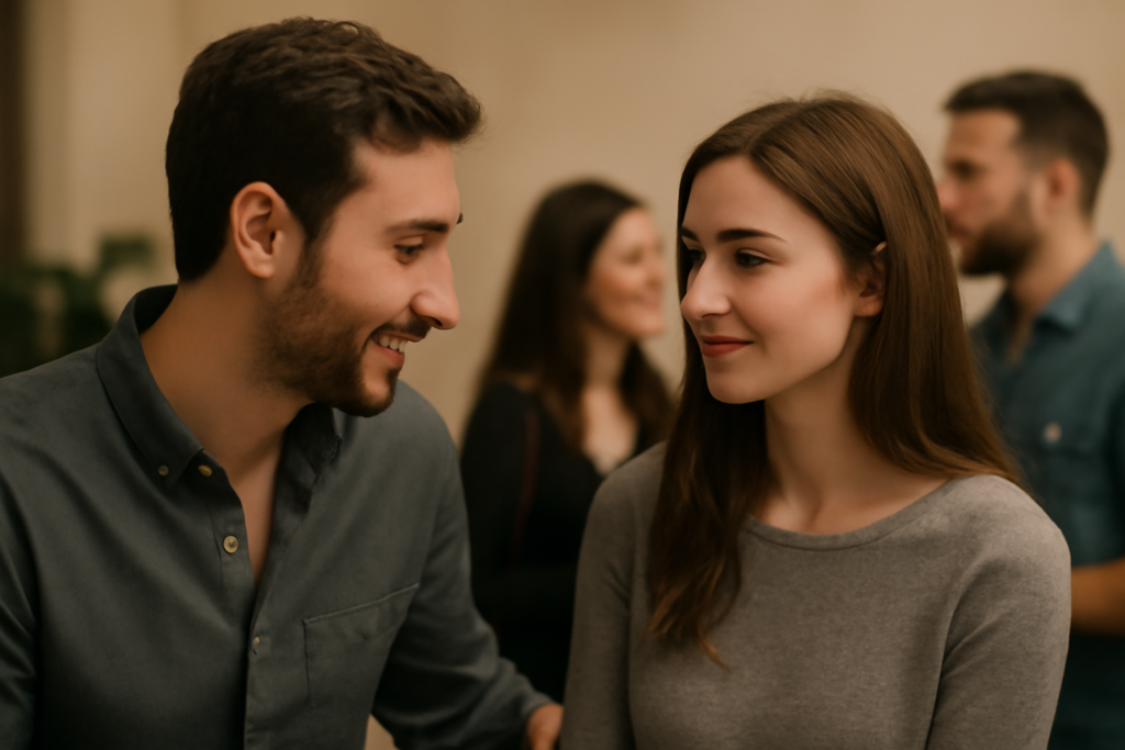 Άτομα σε κοινωνική συνάντηση μιλούν ευγενικά για διακριτικό φλερτ με σεβασμό στον κύκλο γνωριμιών.