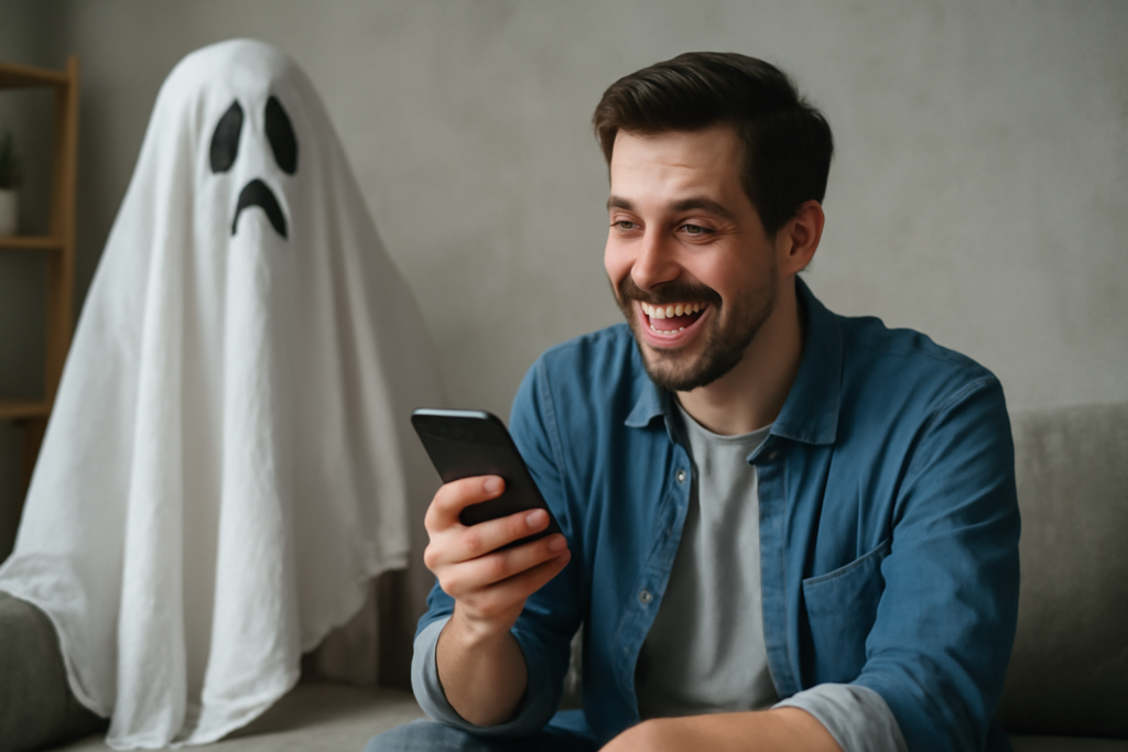 Άτομο γελά σε κινητό με εικονίδια μηνυμάτων, απεικονίζοντας χιούμορ ως απάντηση στο ghosting.
