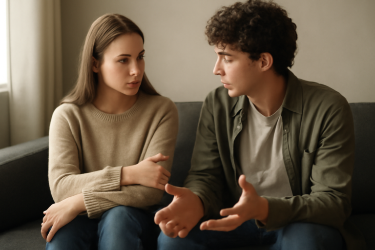 Δύο νέοι σε φιλικό χώρο μιλούν ανοιχτά για αυτογνωσία, επικοινωνία και όρια, χτίζοντας υγιείς σχέσεις.