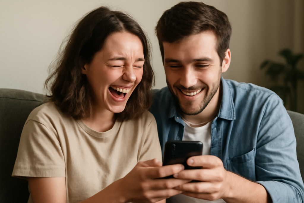 Ζευγάρι κοιτάζει ένα κινητό με memes, απεικονίζοντας μηχανισμούς κοινωνικής μνήμης που κάνουν τα relationship memes viral.