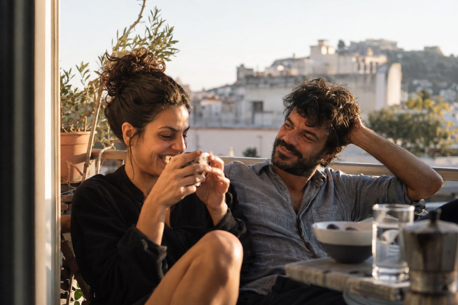 Ζευγάρι κάθεται κοντά στον καναπέ με αστρολογικά σύμβολα Καρκίνου και Τοξότη, συζητούν αγάπη, σεξ και καθημερινότητα.