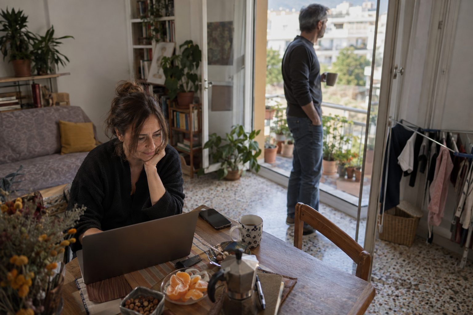 Ζευγάρι 40+, σε καφέ στην Ελλάδα, κοιτά οθόνη κινητού καθώς σχεδιάζουν γνωριμίες και ασφάλεια.