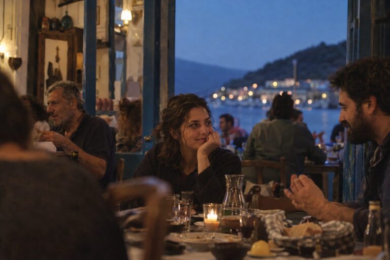 Άτομο κοιτάζει κινητό με εφαρμογή γνωριμιών· οθόνη δείχνει βιο, hook και CTA που σχετίζονται με το άρθρο.