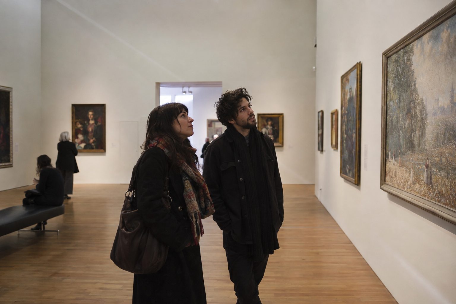 Ζευγάρι σε βιβλιοπωλείο περιεργάζεται ράφια βιβλίων, πίσω βλέπονται εκθέματα τέχνης, ιδέα για ραντεβού.