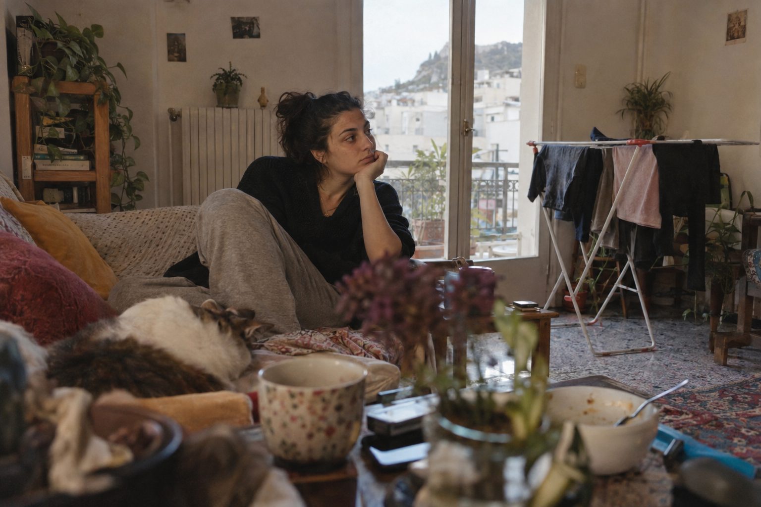 Ζευγάρι περπατά σε πλακόστρωτη πλατεία μικρού χωριού, αποτυπώνοντας ήρεμο ρυθμό, όρια και μηδέν δράμα.