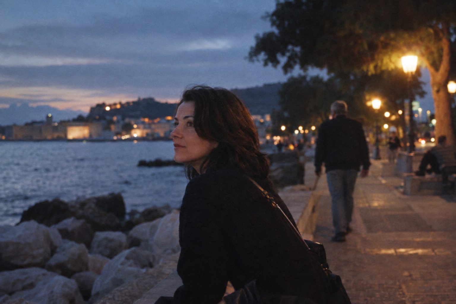 Ζευγάρι 40+ σε ελληνικό καφέ, κοιτάζει κινητό δίπλα σε σημειώσεις για ασφαλείς γνωριμίες.