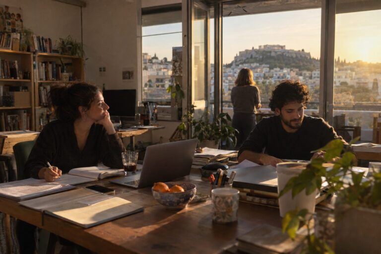Άτομο κάθεται σε τραπέζι με φορητό και λίστα στόχων, απεικονίζοντας την ισορροπία ονείρων με την καθημερινότητα στην Ελλάδα.