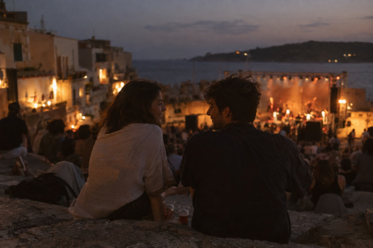 Ζευγάρι κοντά στη σκηνή σε συναυλία, γύρω του πλήθος και πολύχρωμα φώτα που συντροφεύουν το πρώτο ραντεβού.