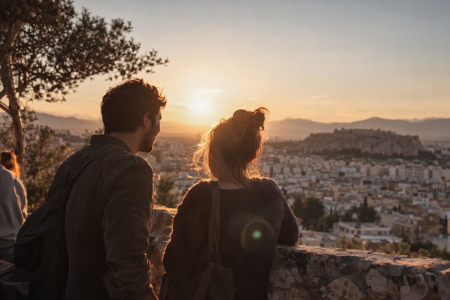 Δύο άνθρωποι κάθονται σε παγκάκι σε πάρκο, χαμογελούν και μιλούν για ιδέες ραντεβού χωρίς καφέ.