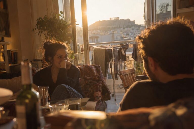Ζευγάρι κάθεται σε τραπέζι καφέ, χαμογελά και ανταλλάσσει ματιές, κρατώντας φλιτζάνια καφέ, συνδέοντας φλερτ με την επιστροφή μετά μακροχρόνια σχέση