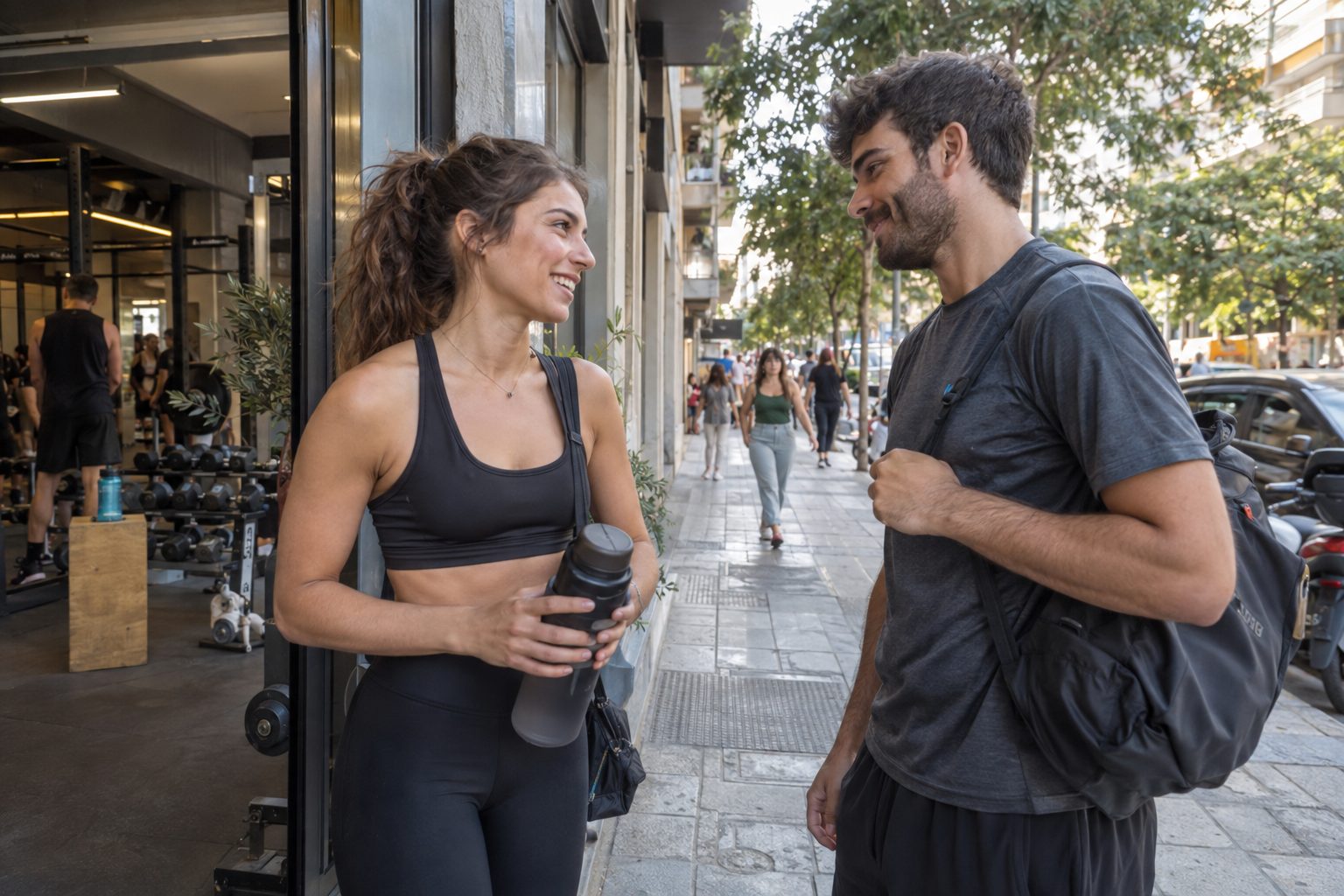 Άτομα σε γυμναστήριο ανταλλάσσουν χαμόγελα κοντά σε εξοπλισμό, με σεβαστικό φλερτ όπως προτείνει ο οδηγός.