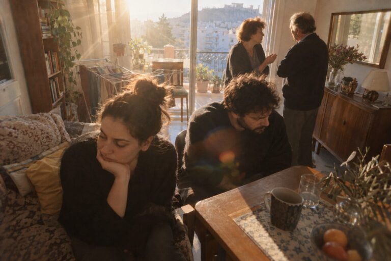 Ζευγάρι κάθεται ήρεμα στο σαλόνι με τους πεθερικούς γύρω από τραπέζι, συζητώντας όρια στη σχέση.