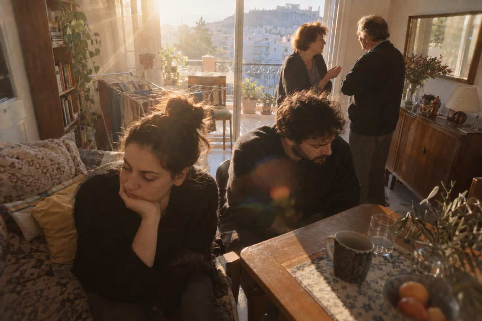 Ζευγάρι κάθεται ήρεμα στο σαλόνι με τους πεθερικούς γύρω από τραπέζι, συζητώντας όρια στη σχέση.