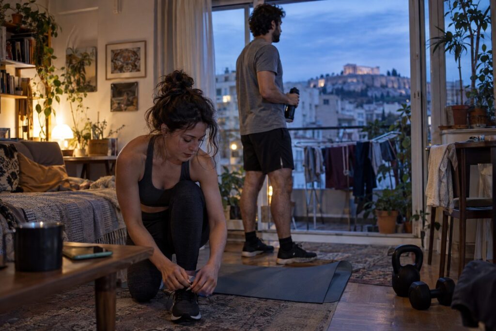 Άντρας και γυναίκα σε γυμναστήριο στα βάρη κοιτούν ο ένας τον άλλον και χαμογελούν, με σεβαστικό φλερτ.