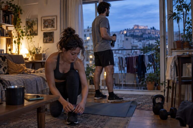 Άντρας και γυναίκα σε γυμναστήριο στα βάρη κοιτούν ο ένας τον άλλον και χαμογελούν, με σεβαστικό φλερτ.