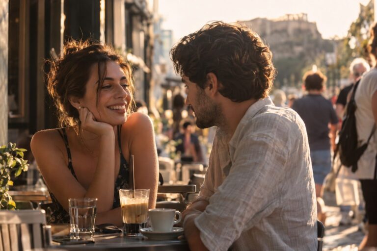 Άτομο σε ρομαντικό καφέ χαμογελά στον σύντροφο, με σύμβολα του Ζυγού στον τοίχο, προϊδεάζοντας για φλερτ.