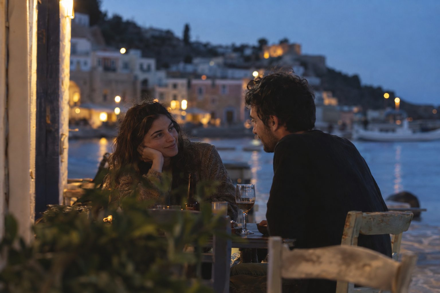 Δύο άνθρωποι σε καφέ χαμογελούν και διατηρούν οπτική επαφή, συνδέοντας ευγενικό φλερτ χωρίς εφαρμογές.