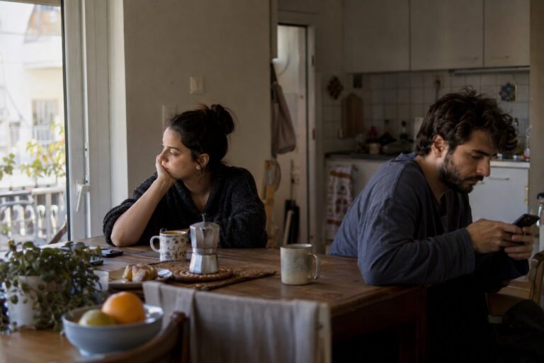 Ζευγάρι απέναντι, σιωπηλό, κοιτάζει ο ένας την οθόνη· ένδειξη ρουτίνας, προοπτική αλλαγής με πρακτικά βήματα.
