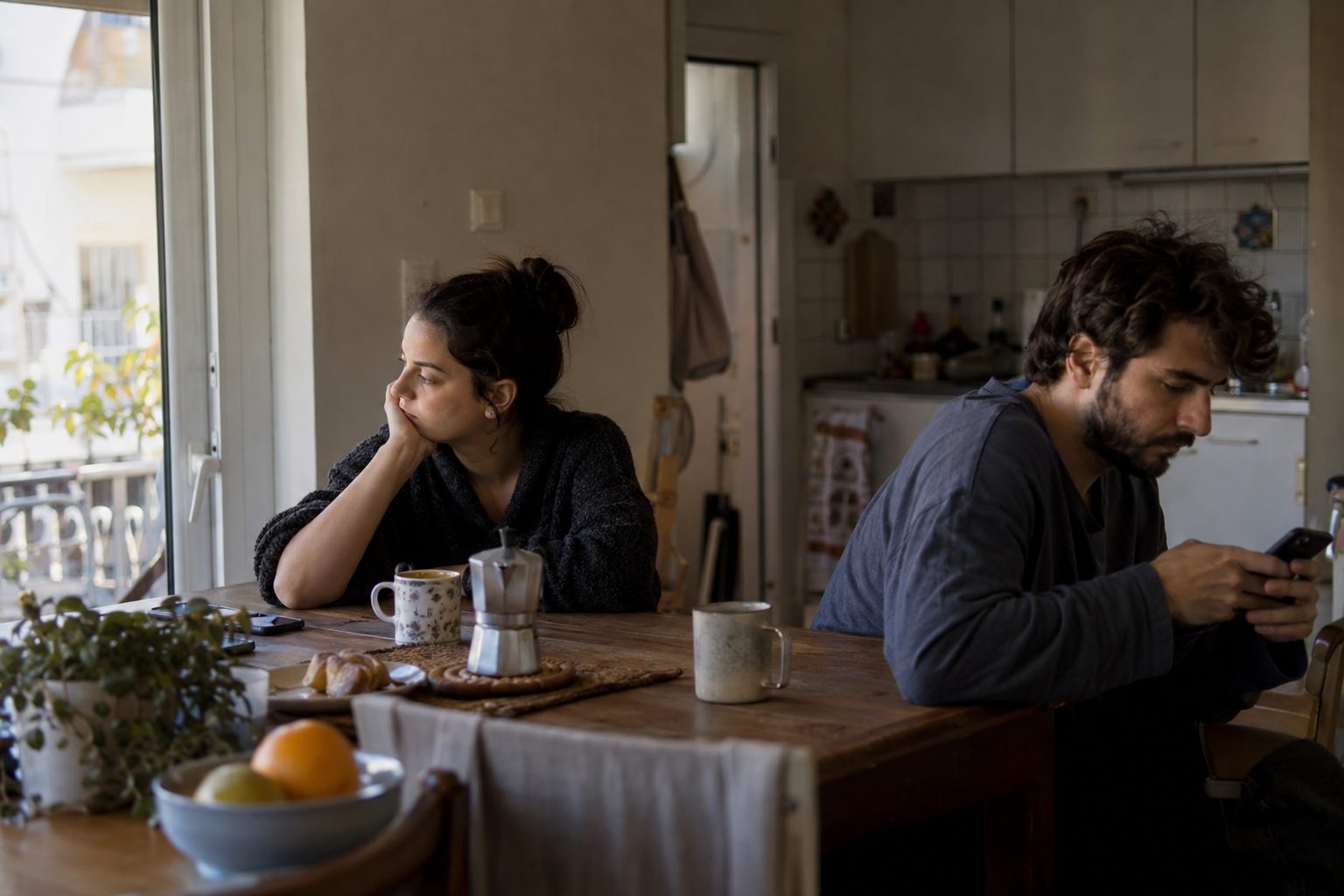 Ζευγάρι απέναντι, σιωπηλό, κοιτάζει ο ένας την οθόνη· ένδειξη ρουτίνας, προοπτική αλλαγής με πρακτικά βήματα.