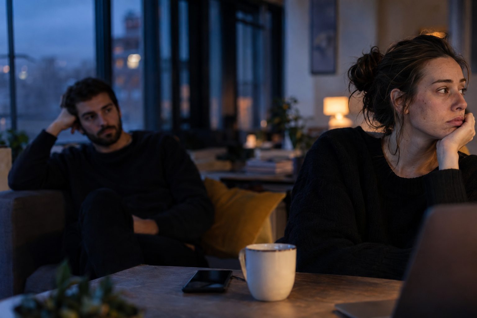 Δύο άτομα σε καναπέ με απόσταση: ο ένας κοιτάζει το κινητό, ο άλλος μακριά, σημάδια παραμέλησης.