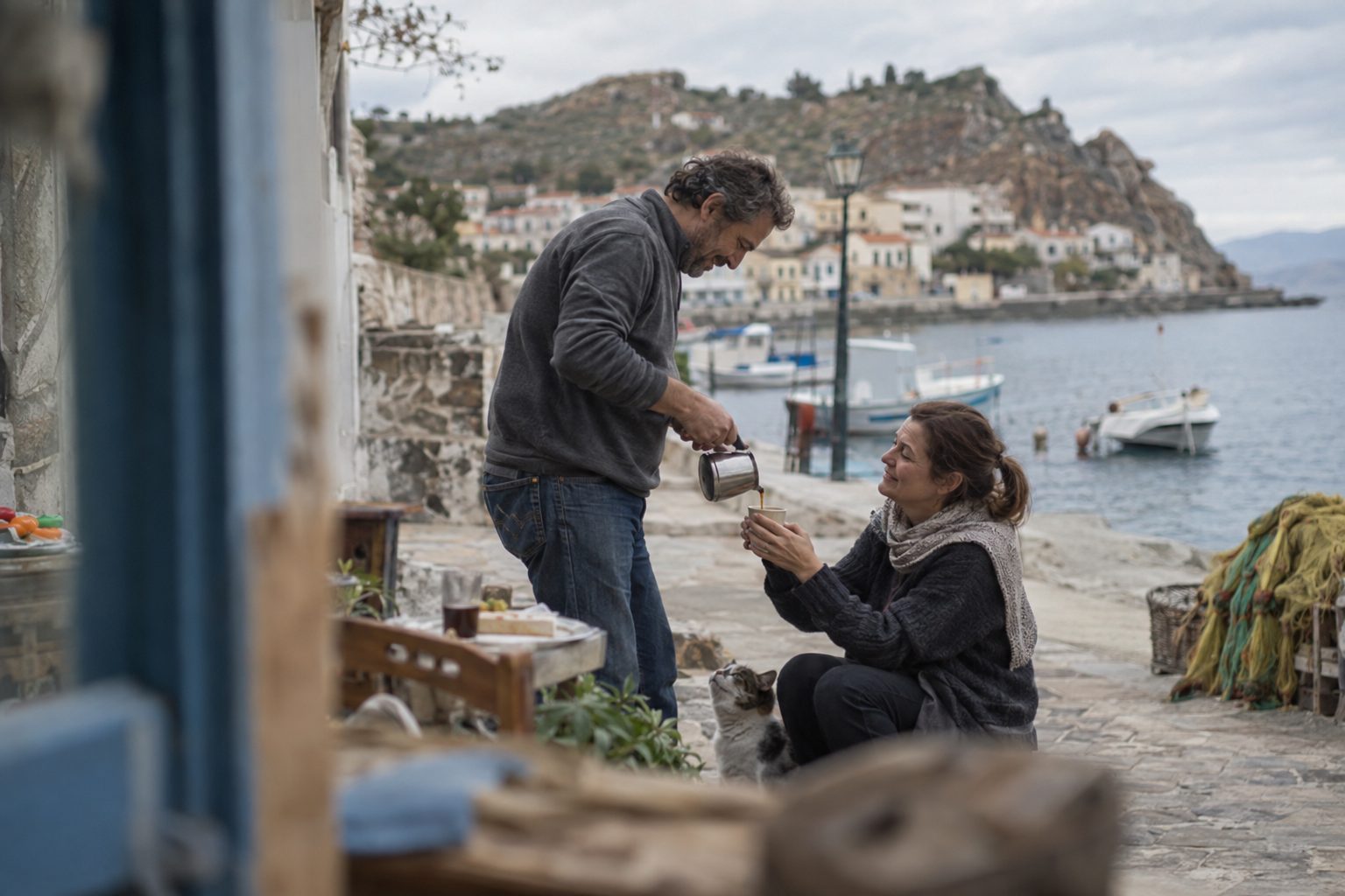 Δύο άνθρωποι μοιράζονται χαμόγελο και μια μικρή πράξη φροντίδας στην καθημερινότητά τους, δυναμώντας τη σχέση.