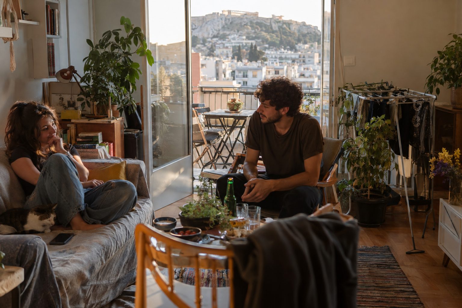 Ζευγάρι περπατά στην άνοιξη στην Αθήνα, με λουλούδια στους δρόμους και θέα σε ιστορικά μνημεία.