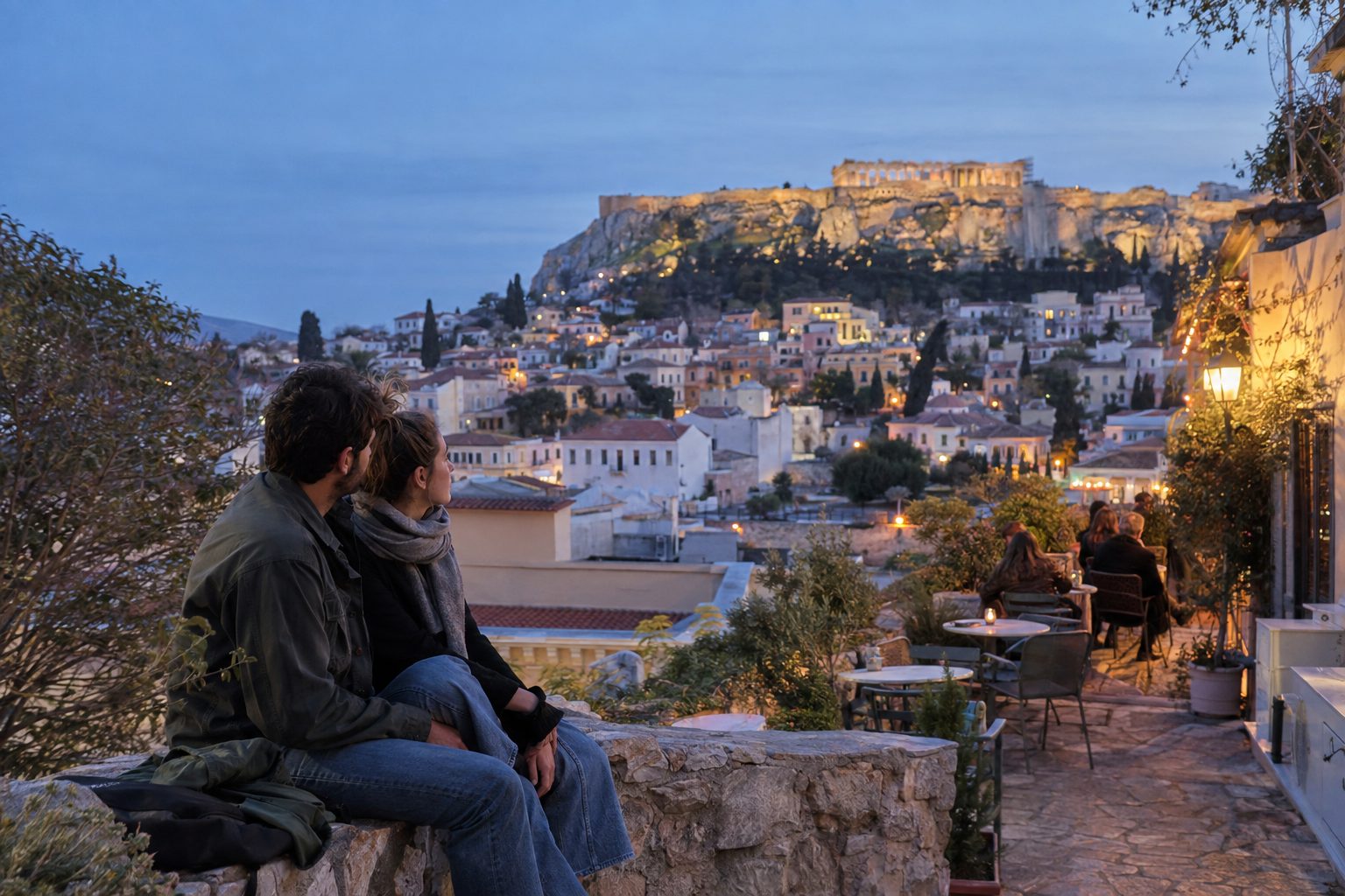 Ζευγάρι περπατά στον πεζόδρομο της Αθήνας με ανθισμένα δέντρα, συνδέοντας την άνοιξη με βόλτες και ραντεβού.