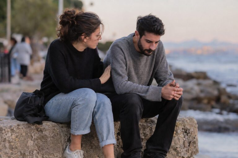 Ζευγάρι κάθεται στον καναπέ και συζητά ήρεμα, μπροστά τους σημειώσεις για όρια και επικοινωνία.