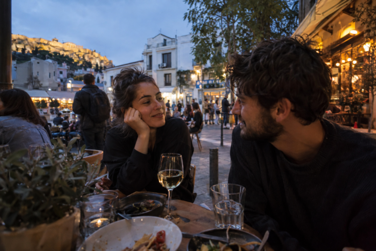 Φιγούρες Παρθένος και Τοξότης με τόξο και σκιά καρδιάς, σε διάλογο που συμβολίζει σχέση, επικοινωνία και πάθος.