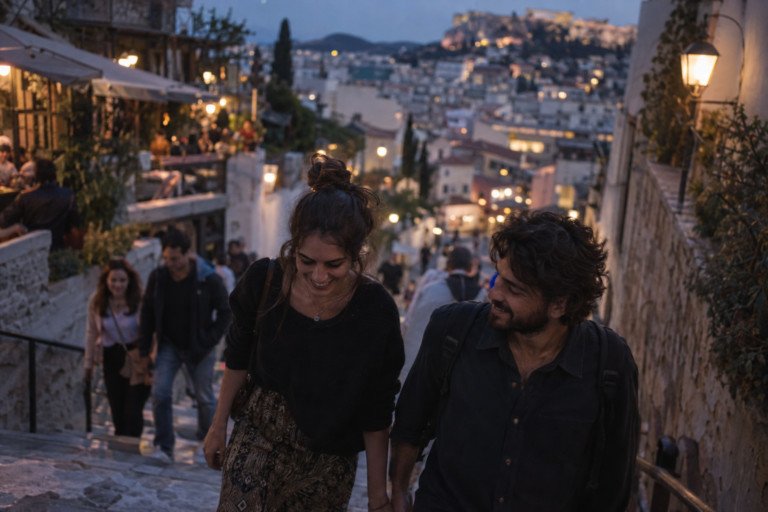 Ζευγάρι κάθεται σε ήσυχο σαλόνι με καφέ και σημειώσεις, συνδέοντας όρια και ρουτίνες με τη δουλειά.
