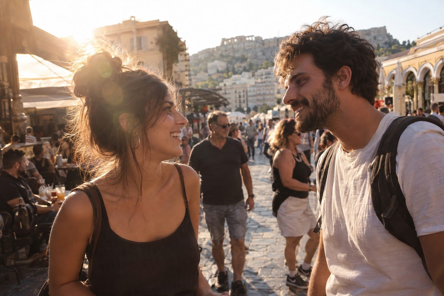 Δύο άνθρωποι κοιτάζονται, ζωδιακοί κύκλοι και καρδιές περιβάλλουν το σκηνικό, με έμφαση στην προσέγγιση.
